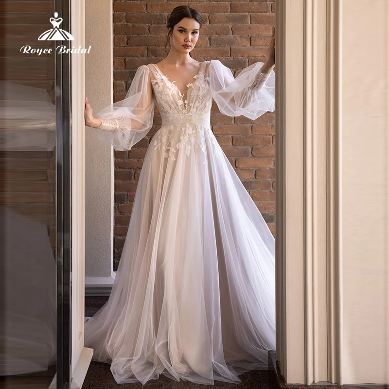 blue dress for baby girl Off-Shoulder Puff Sleeves A-Line Bridal Dress – HAREM's Brides main image 1