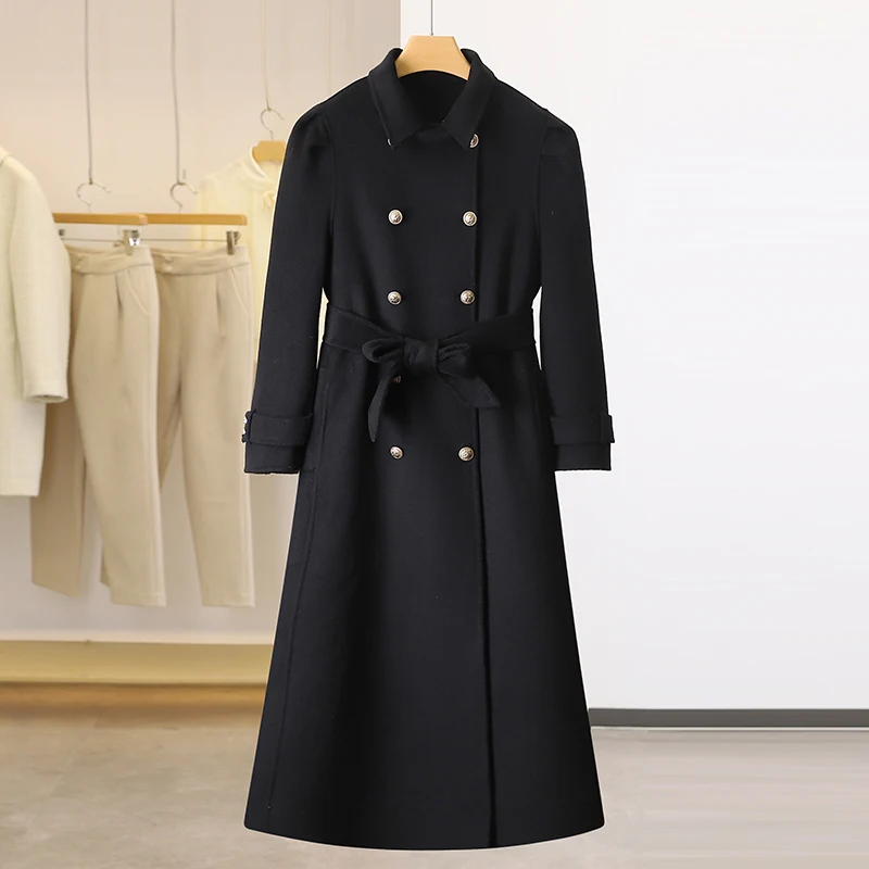 

Women's wool coat winter woolen coats elegant long overcoat black outwear