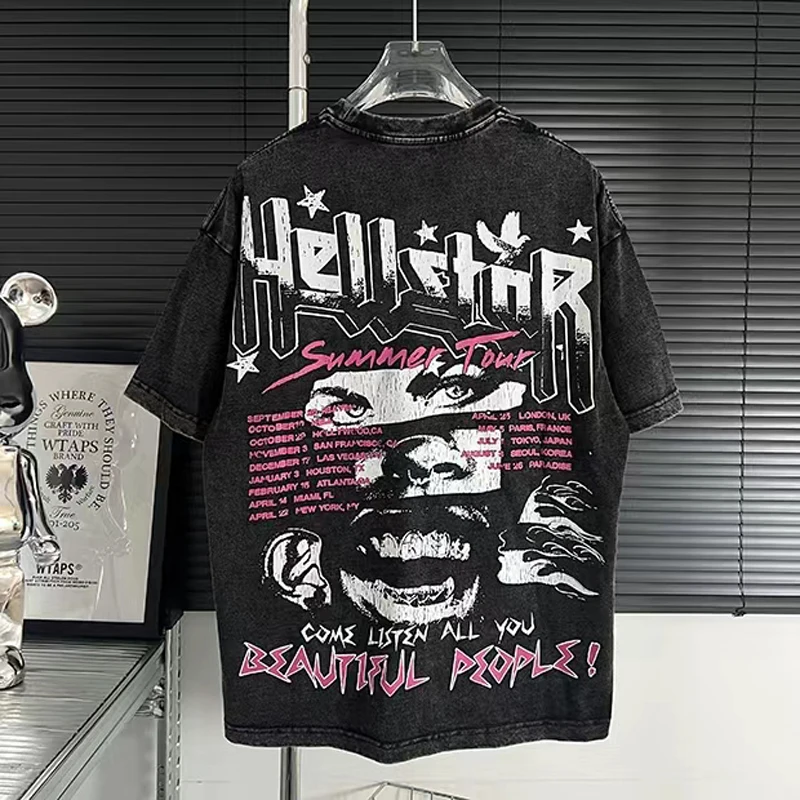 

Hip Hop Hellstar Cracks Women Portrait Print Graphic T-Shirt Vintage Wash Design Tshirt 2023 Men Streetwear Distressed T Shirt