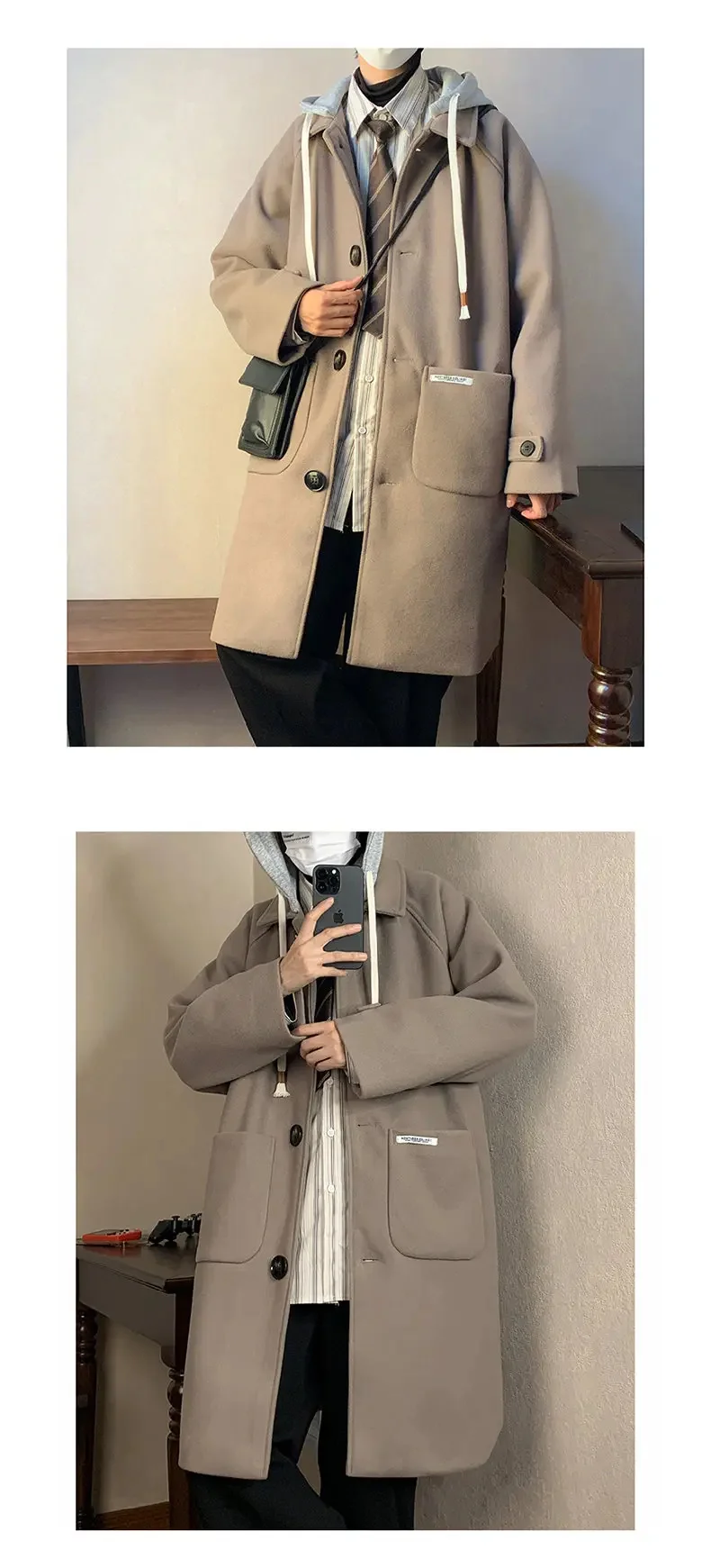 Description Picture 3 of item2024 Trench Men Hoodie Spring and Autumn Mens Coat Casual Male Streetwear Hip Hop Coats Harajuku Overcoat