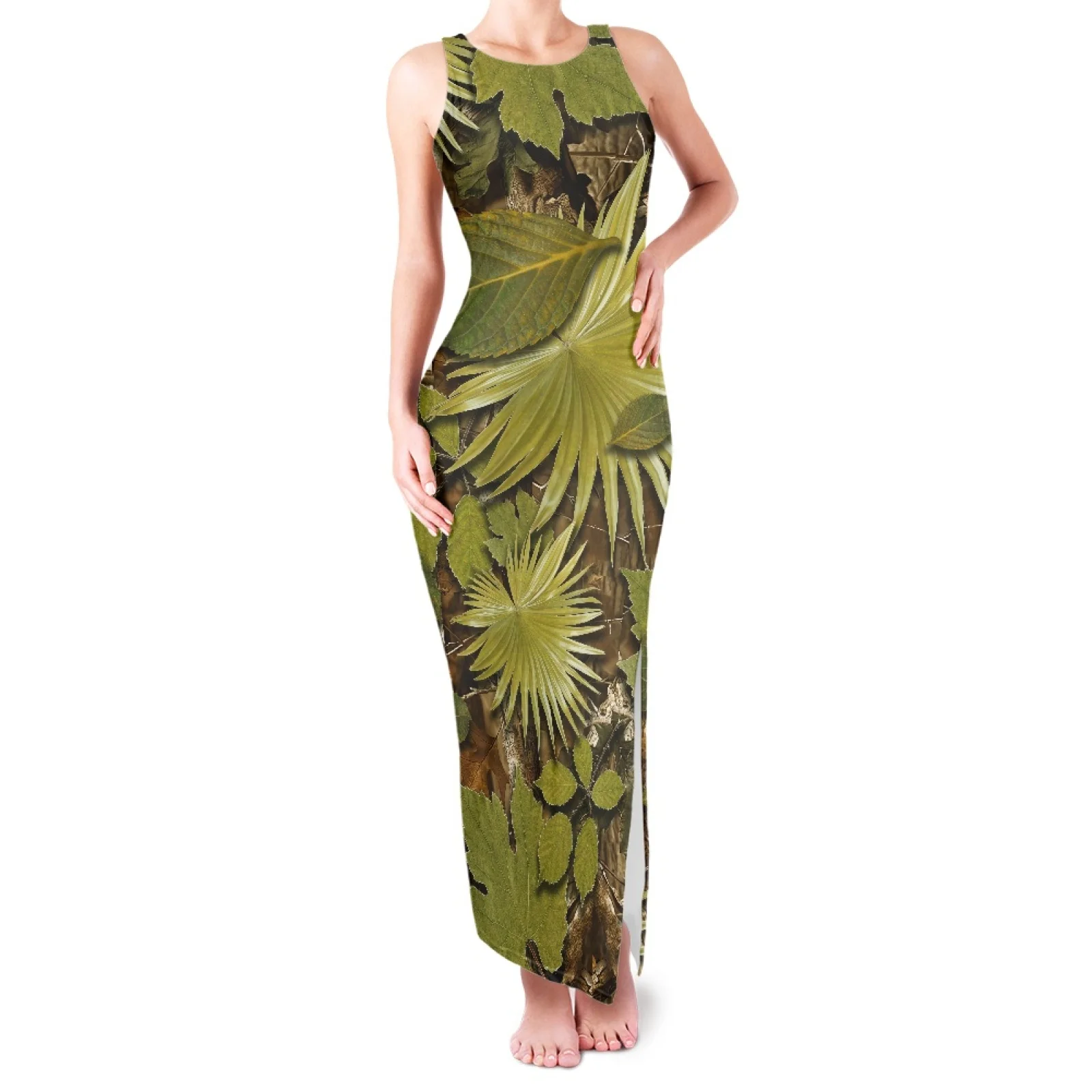 

Polynesian Tropical Palm Leaf Print Sleeveless Dress, Vintage Round Neck, Sexy Clothing, Samoan Tribal, Fashion, Cheongsam, 4XL