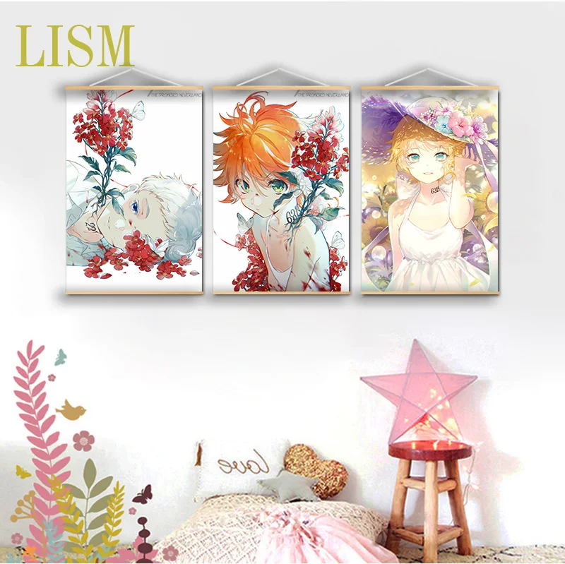 

Yakusoku no Neverland Emma Ray Anime manga wall Poster solid wood hanging scroll with canvas painting