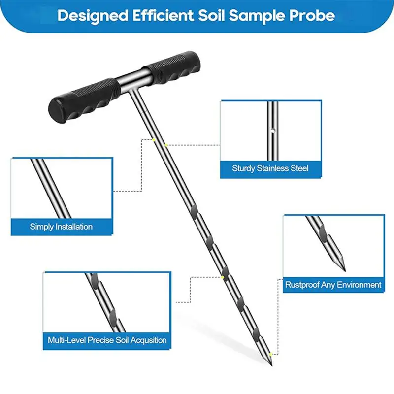 Soil Sample Probe Stainless Steel Ground Probe Rod With T Handle Includes Gloves Garden Soil Test Kit Core Sampling Tool 17