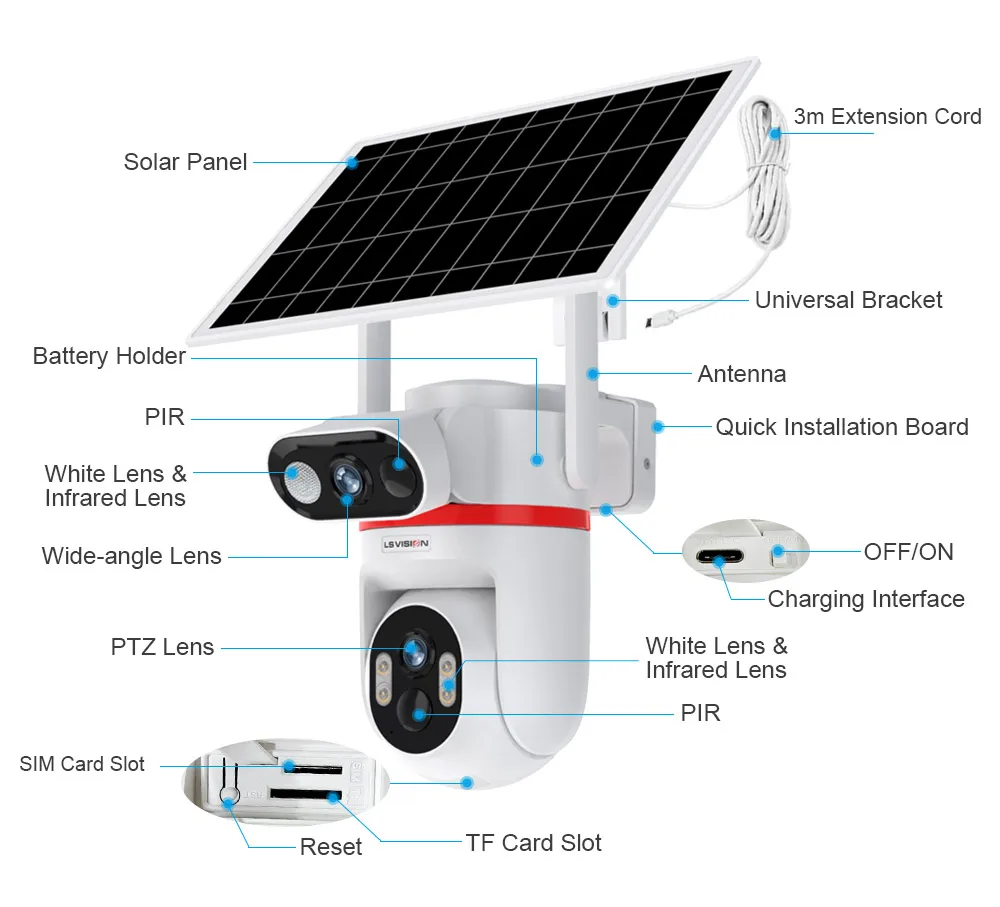 4G LTE Solar Cameras 8MP Outdoor Surveillance Cameras Dual Screens Dual PIR Dete