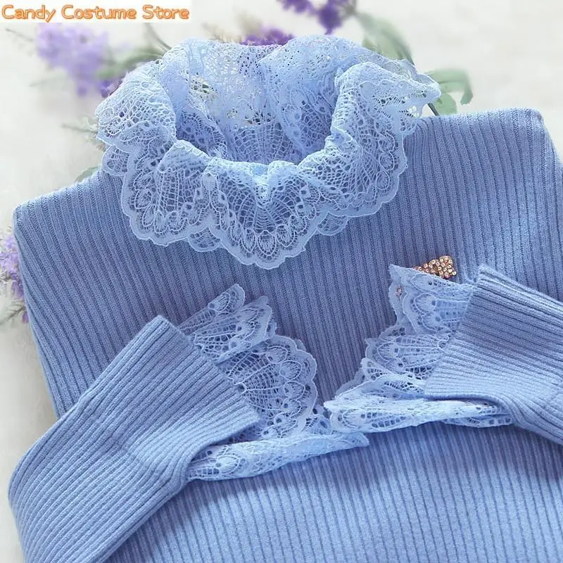 

Women Autumn Women Long Sleeve Jumper Blue Sweaters Casual Ladies Knitted Pullover Pull New Patchwork Lace Sweater