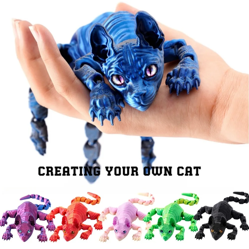 3D Printed Sphynx Cat Animals Toy Realistic Hairless Figurine Articulated Cat Fidget Toy for Cat Lover Collector Home Decoration