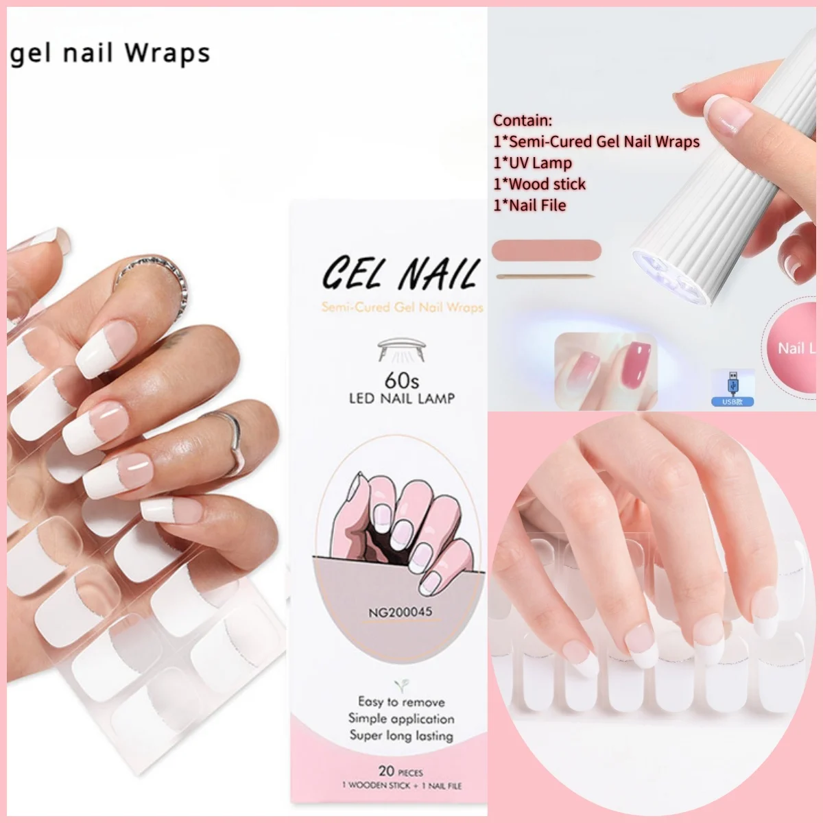 4Pcs/Set 20Tips NG Semi Cured UV Gel Nail Strip with Nail Lamp Sparkly Shinning Polish Stickers Kits Manicure Art