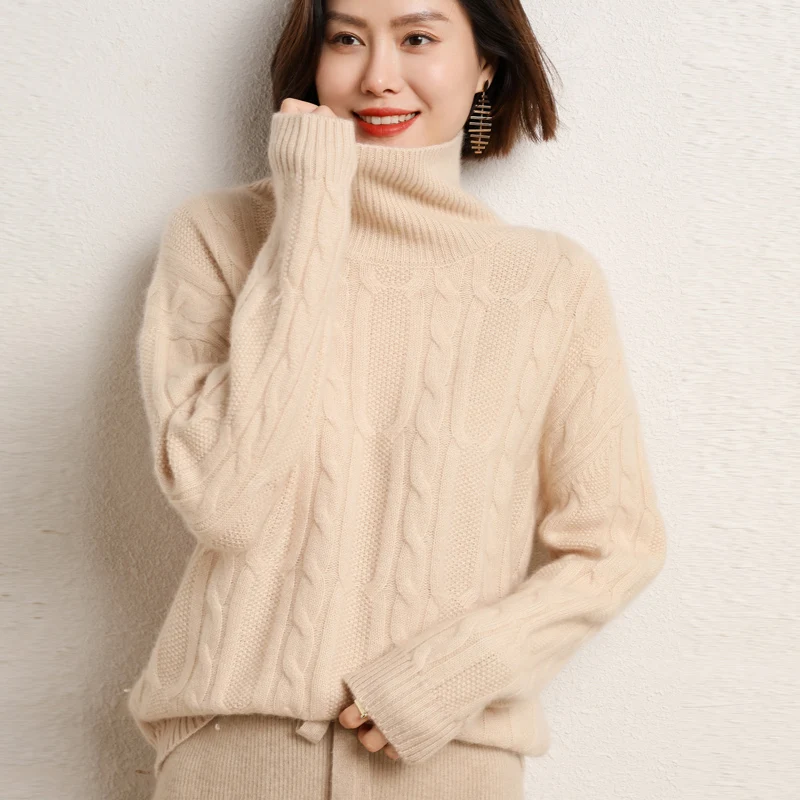 

Round NECK Twist Flower Cashmere Sweater Female Autumn Winter Cover Head Thick Sweater Pure Woolen Sweater Knitting Outside Wear