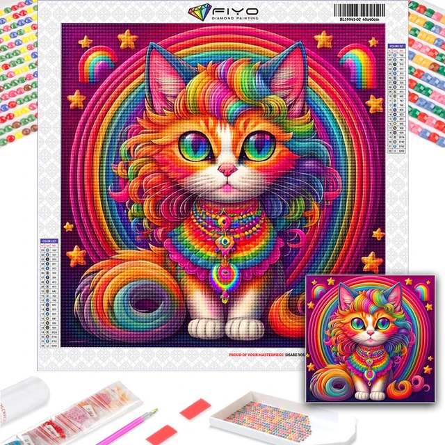 Diamond Painting Cat Eating Cute Rainbow Color Design Embroidery Wall  Decoration