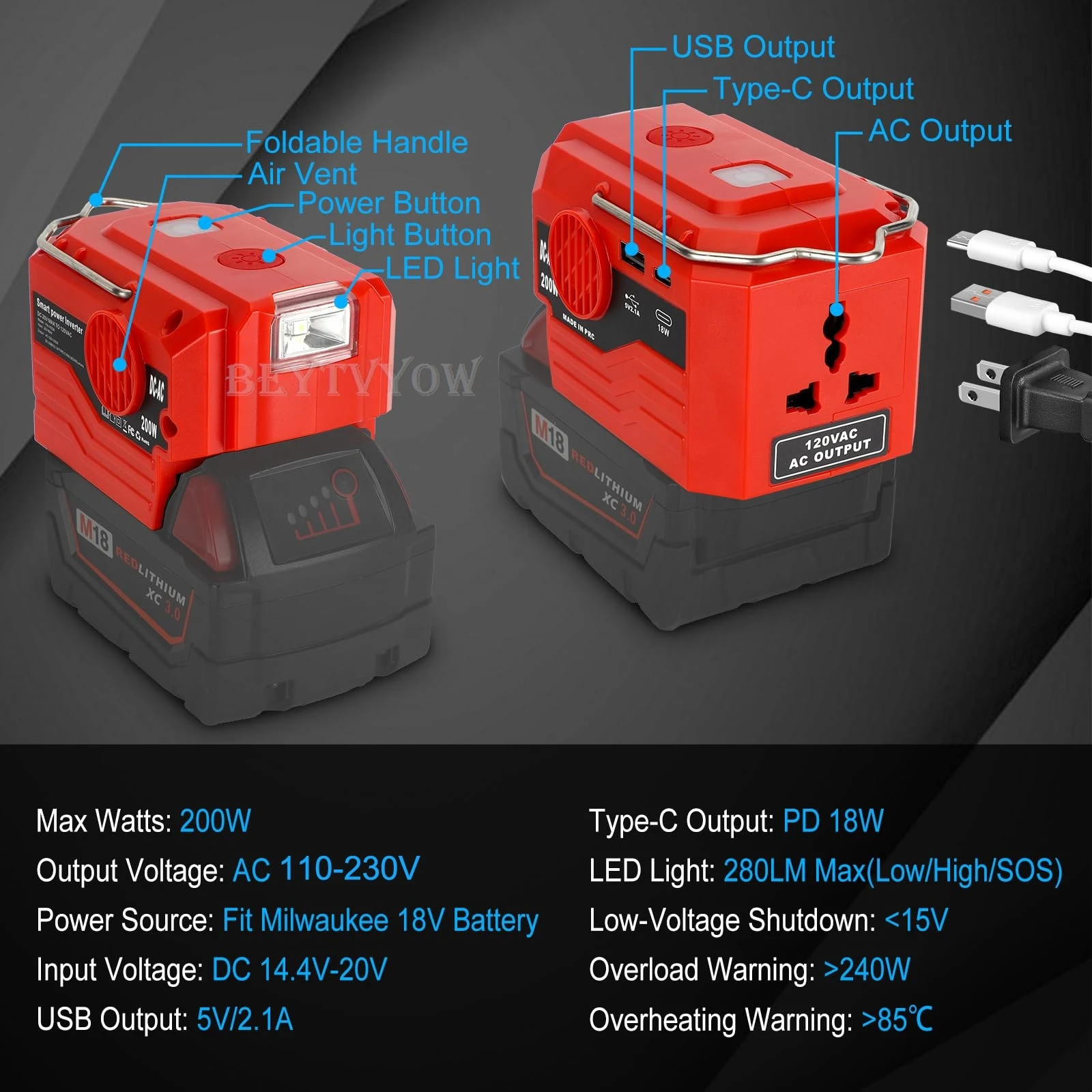 200W Portable Power Inverter for Milwaukee M18 18V Battery DC 18V to AC 110V-230