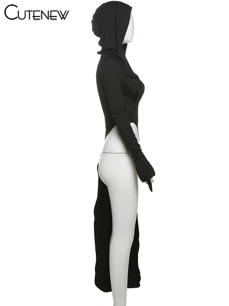 Solid Hooded 2 Piece Tops Women All-matches Classic Lengthen Split Pullover+Crop Tanks Female Fashion Unique Streetwear