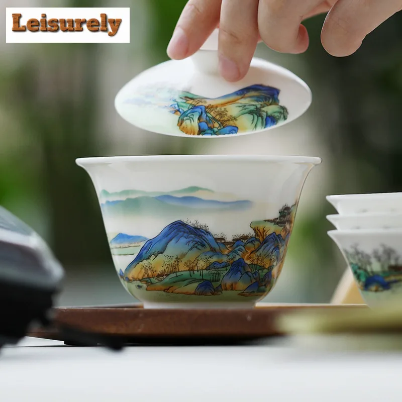 Landscape White Porcelain Travel Tea Set Kit Japanese 1 Pot 3 Cup Household Tea Making Gaiwan Organizer Portable Camping Handbag