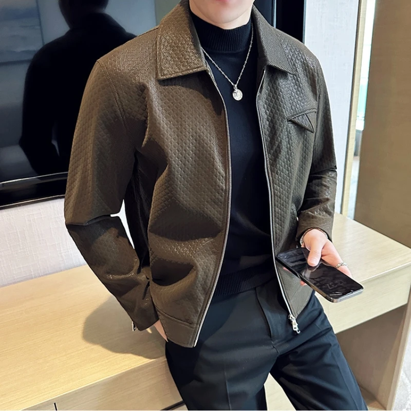 Brand Shiny Waffle Leather Jacket Men Long Sleeve Casual Business Motorcycle Jacket Lapel Streetwear Social Coat Men Clothing