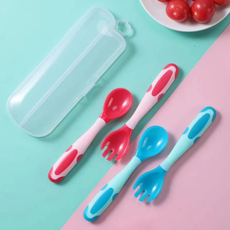 Silicone feeding spoon Silicone cutlery set Learning spoons Fork spoon set Baby cutlery BPA Free Baby Spoon Feeding Training Non-Slip Flexible Twisting Fork Spoon Tableware with Storage Box