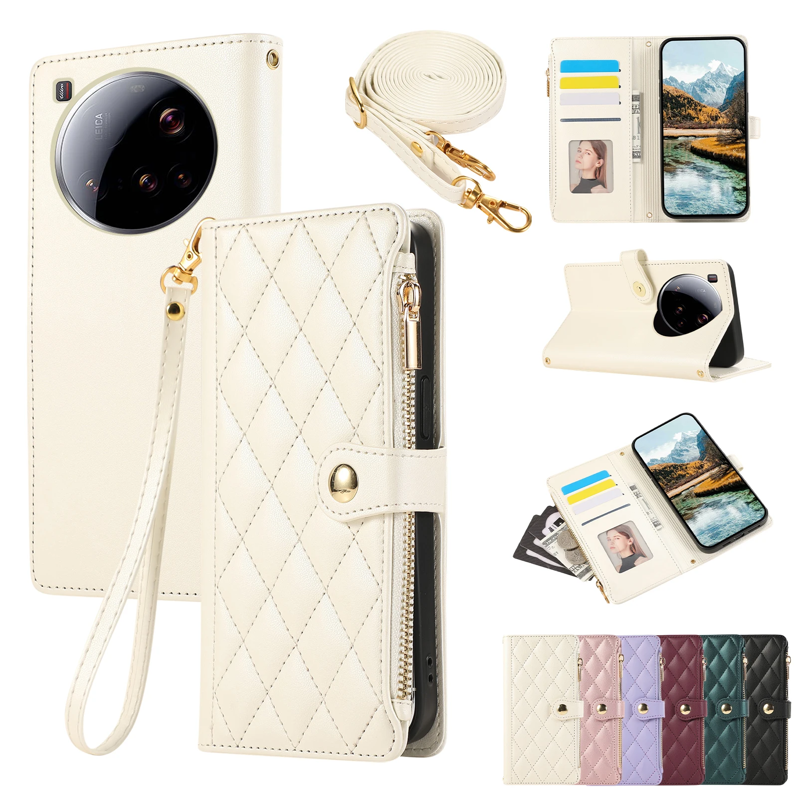 Elegant Crossbody Leather Wallet with Zipper and Diamond Design