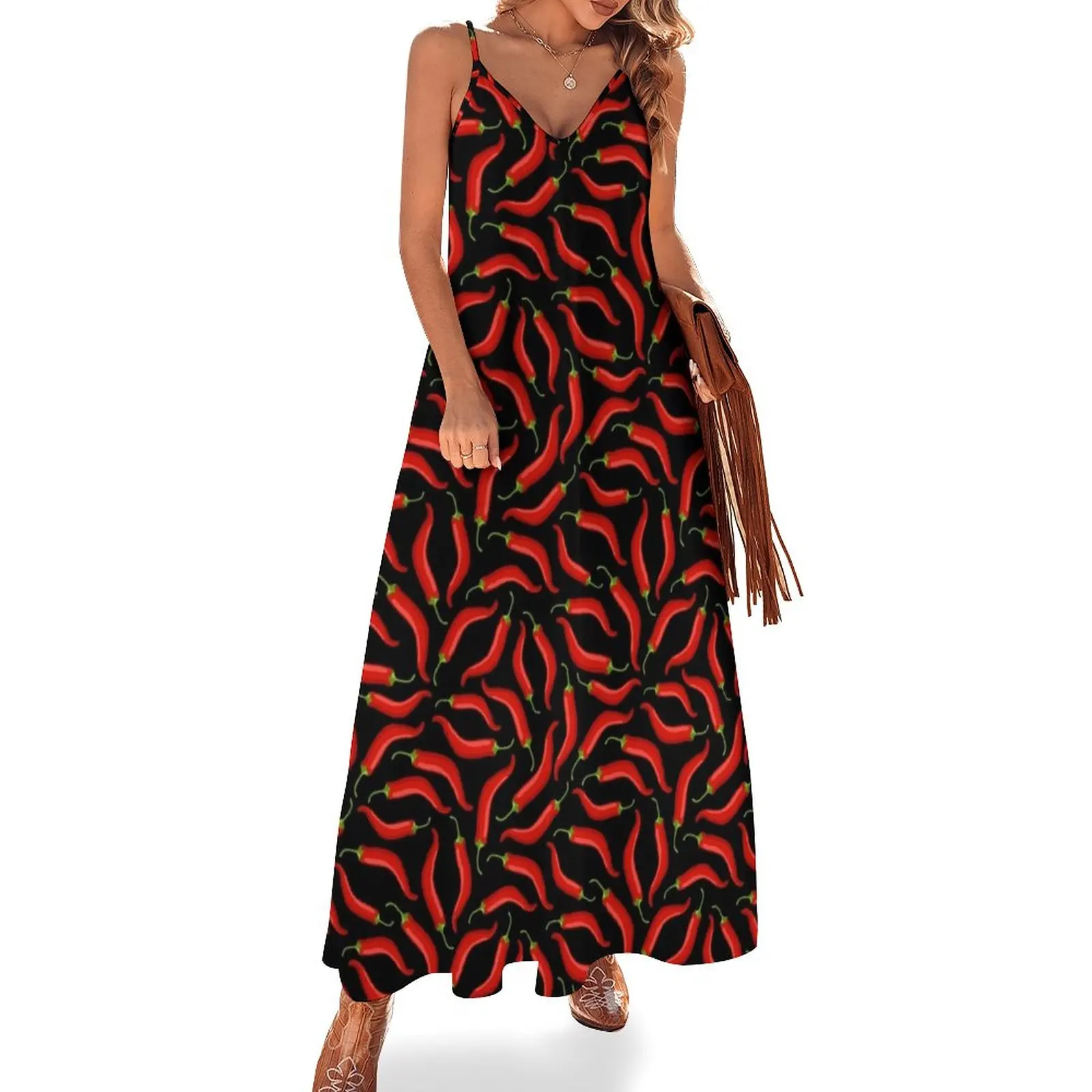 Hot Red Chili Pepper Pattern Con Sfondo Nero Abito Senza Maniche Abiti Da Donna Abiti Estivi Abiti Da Cerimonia