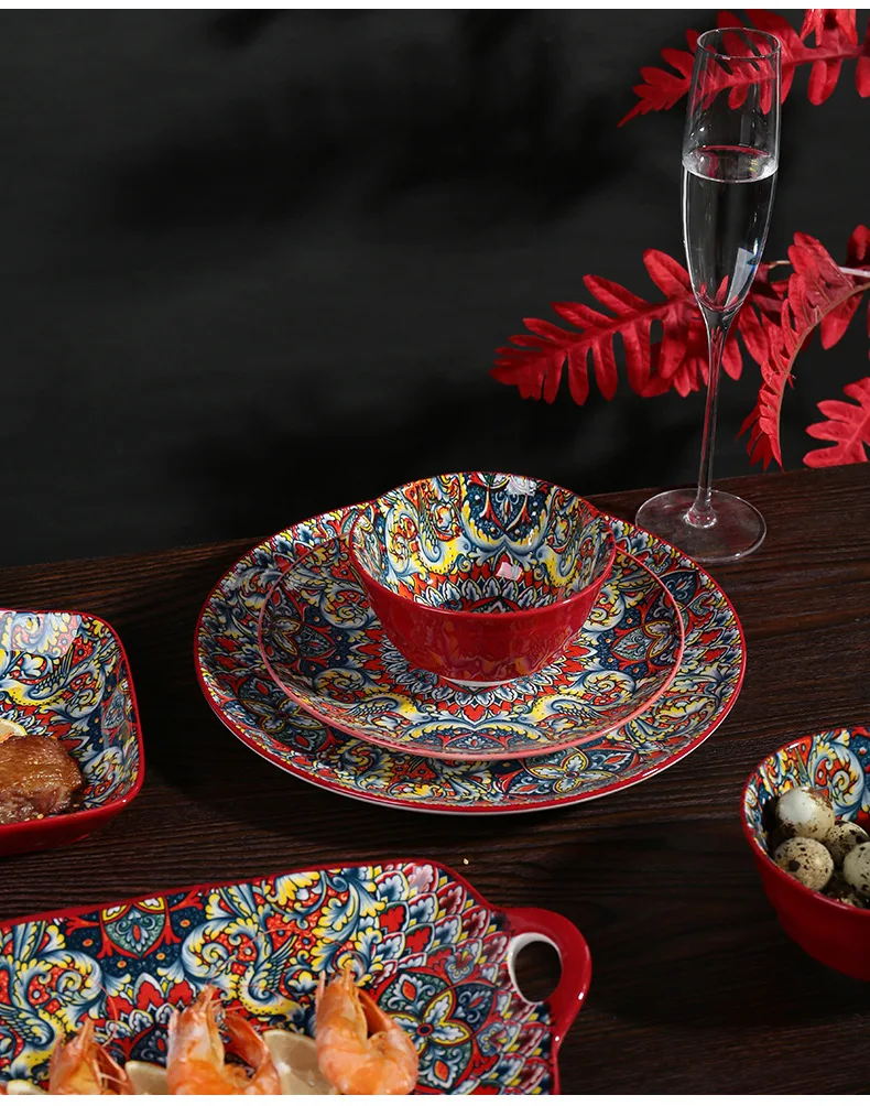 Bohemian style deep red wave ceramic tableware exotic style underglaze color plate handle plate rice bowl tree pattern soup bowl