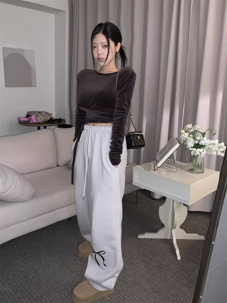 Deeptown Korean Fashion Fleece Sweatpants Women Y2K Bow Print Brushed Pants Oversized Winter Fairycore Wide Leg Joggers Pants