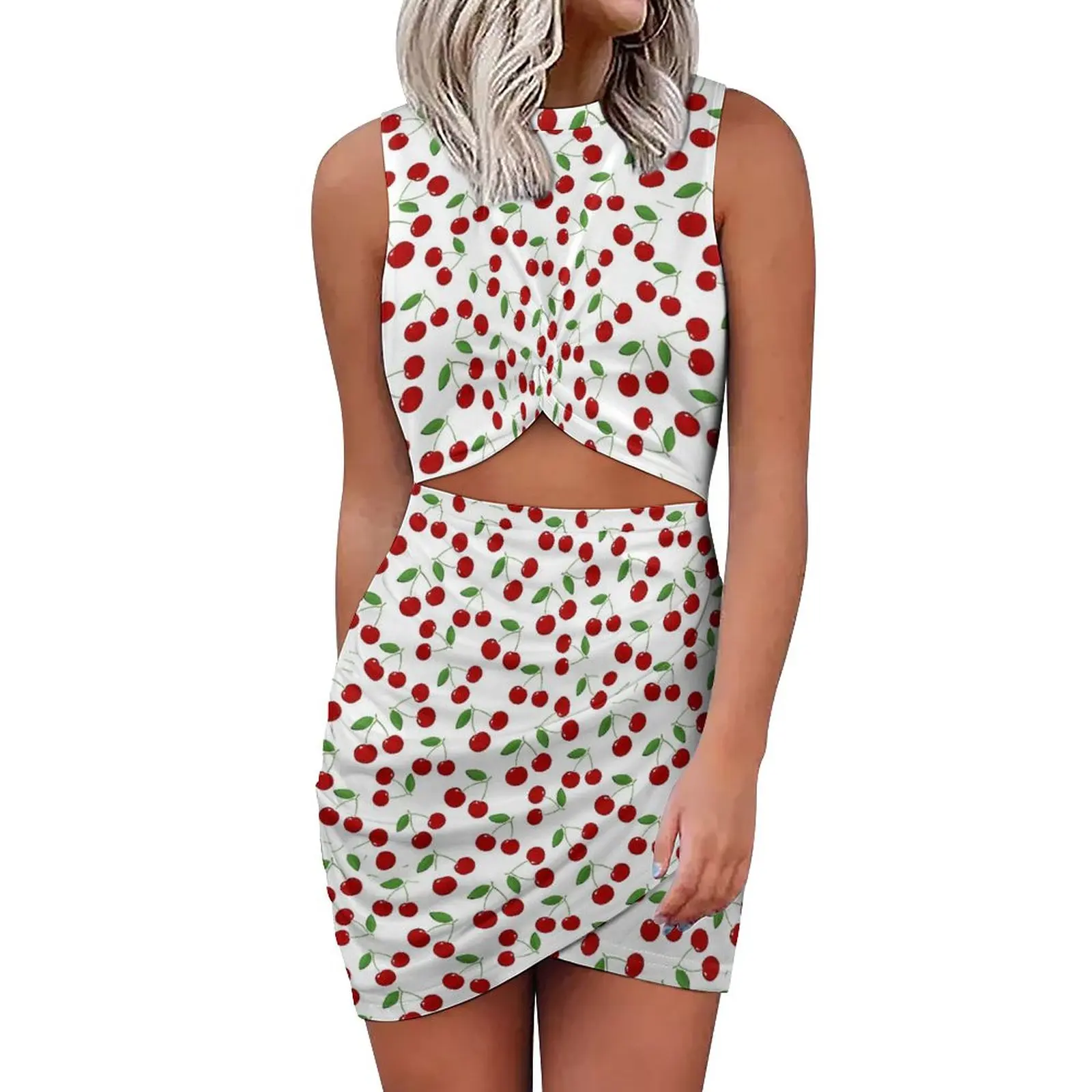 

Red Cherries Print Bodycon Dress Summer Cute Fruits Trendy Dresses Female Hollow Out Printed Aesthetic Dress Large Size