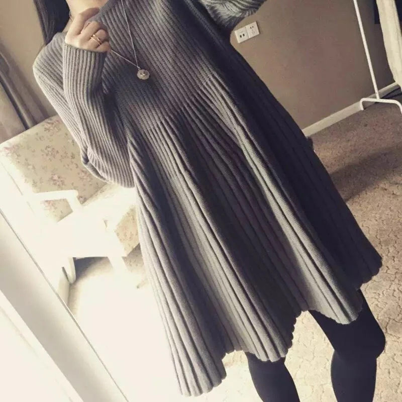Autumn and Winter New Medium and Long Women's Long-sleeved Knitted Dress Casual Pullover Pleated Fluffy A-word Sweater Dress