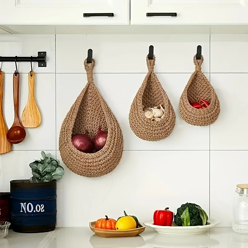 3-Pack Hanging Teardrop Kitchen Storage Baskets – Hand-Woven Wall-Mount Fruit & Vegetable Holder 3