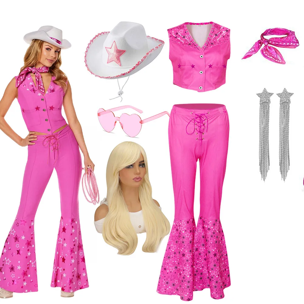 Cowgirl Suit Pink Vest Top and Flared Pants Adult and Kids Margot Robbie Cowboy's Look Girls Clothing Set Barbei Uniform kids clothing set girls clothing set