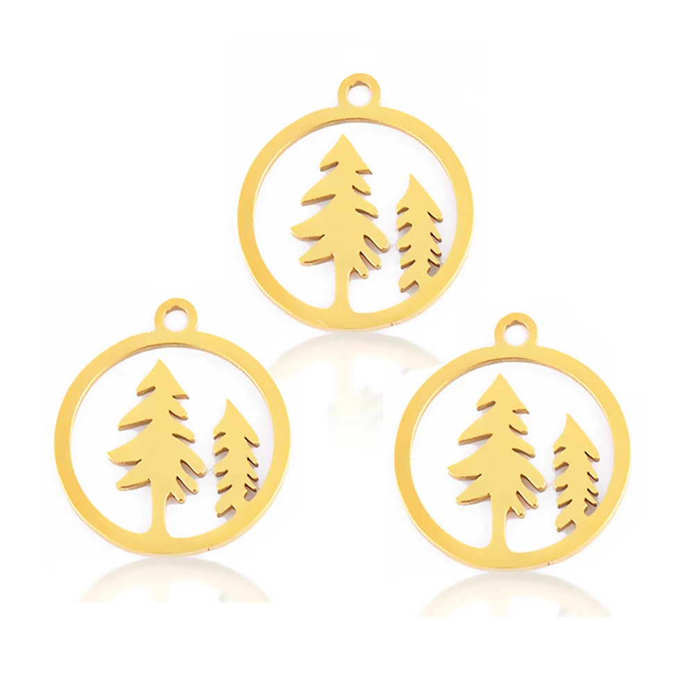 

10pcs/lot Wholesale Stainless Steel Round Charms Hollow Christmas tree Charms Pendants for Jewelry Making DIY Handmade Craft