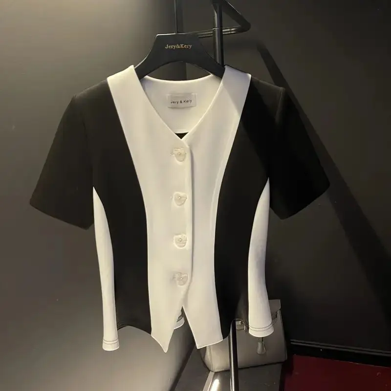 

Design stitching with button V-neck cardigan for women's trendy 2023 summer new high-end top harajuku