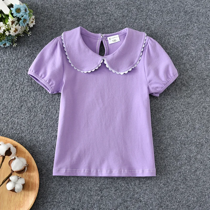 Girls T-shirts Summer Short Sleeve Cotton T shirt Peter Pan Collar Baby Toddler Girl Blouse Shirt Kids Tops Children's Clothes 2