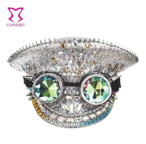 Corzzet Luxury Silver Sequined & Diamonds Club Party Rave Rock Cosplay Accessories Steampunk Military Hat Masquerade Costumes,cosplay hats