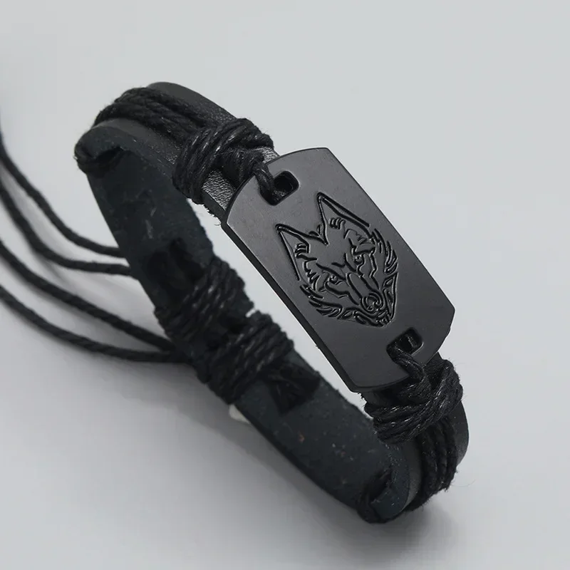Hip Hop Rock Band Bracelet Steampunk Band Symbol Adjustable Wolf Head Charm Leather