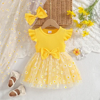 Flying Sleeves Baby Girls' Dress Summer Baby Girl Butterfly Knot Splicing Mesh Flower Printed Princess Fashion Girl Dress