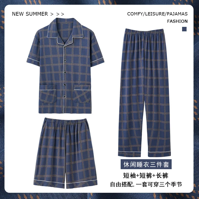 3 Pieces Cotton Men's Pajamas Set Spring Summer Korean Fashion Nightwear Plus Size M-4XL Home Clothes Male Young Boy Loungewear