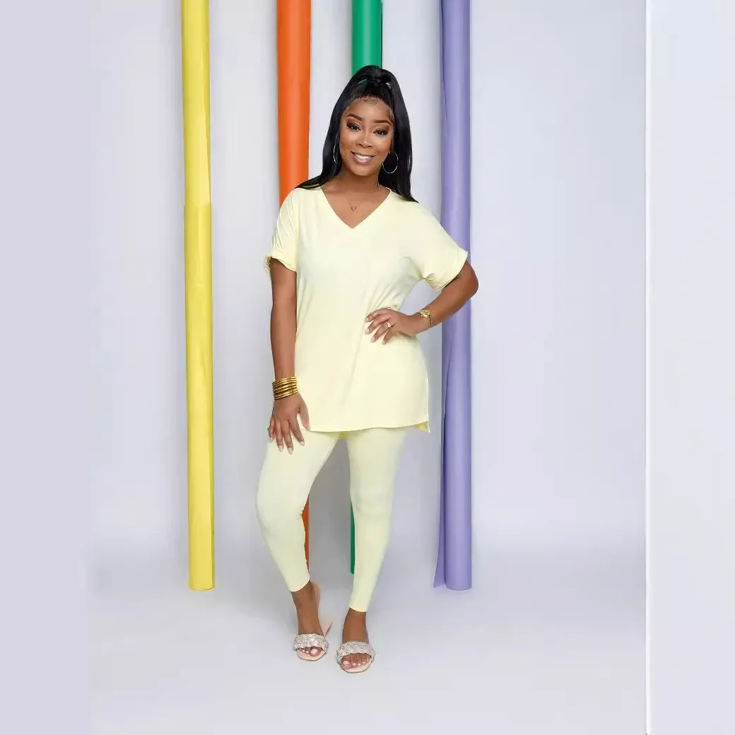 Solid V Neck Casual Loose Long Pant Set 2024 Summer 2 Two Pcs Sets Casual Tracksuits Street Outfits -- Color : Ivory - Size : XL