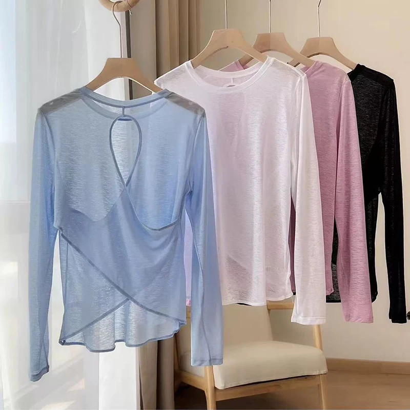 Autumn Thin Long Sleeve Yoga Blouse Loose Fit Breathable Gym Top for Women Hollow Beauty Back Design Running Fitness Pilates 1