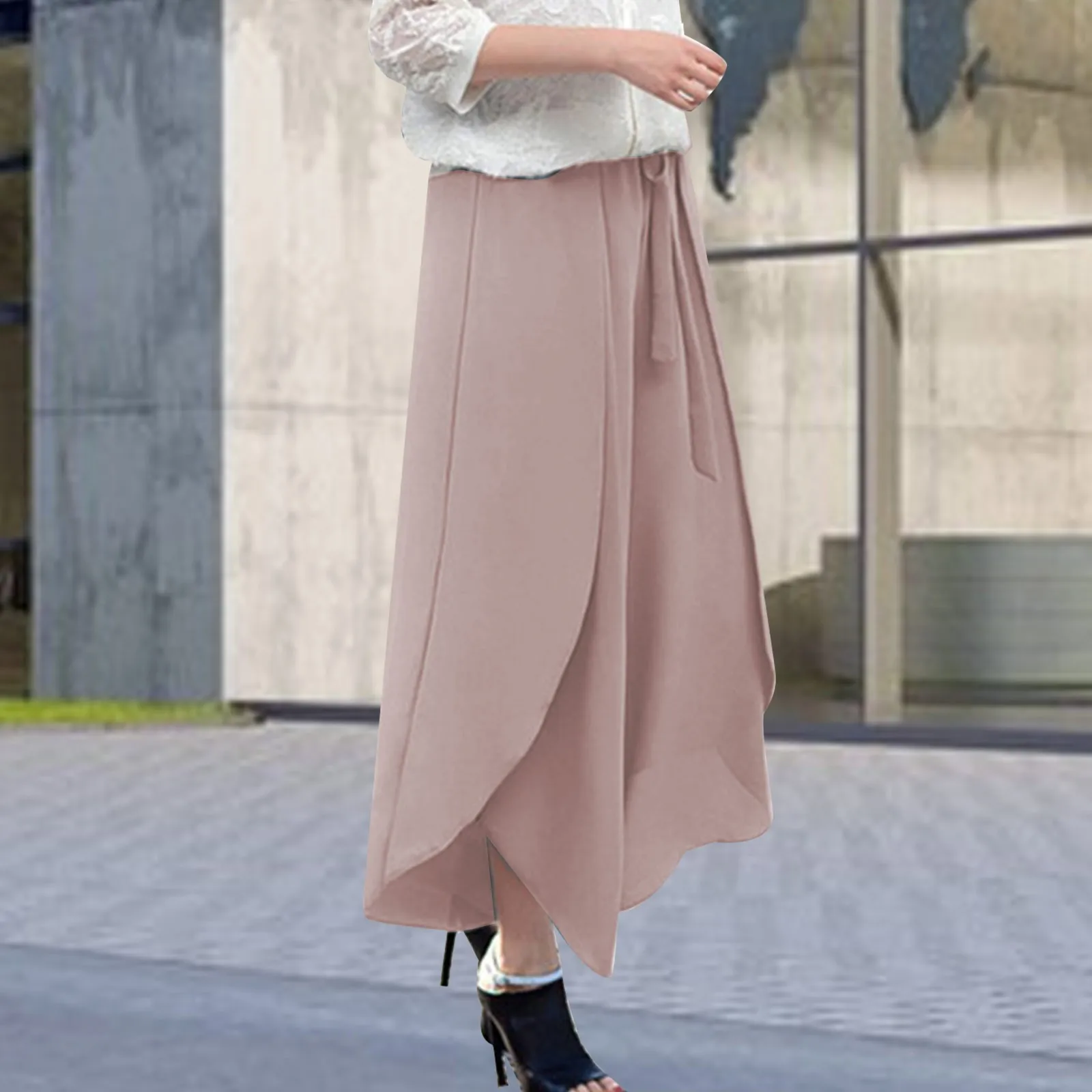 

Women's lace up chiffon trousers elastic waist casual loose wide leg skirt casual Solid Casual Baggy Sports Pocket Pants
