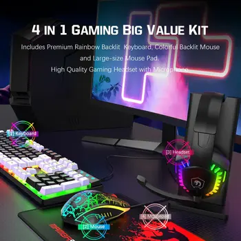 MANBASNAKE T11 Wired Gaming Keyboard and Mouse Headset Combo,Rainbow LED Backlit Wired Keyboard 2