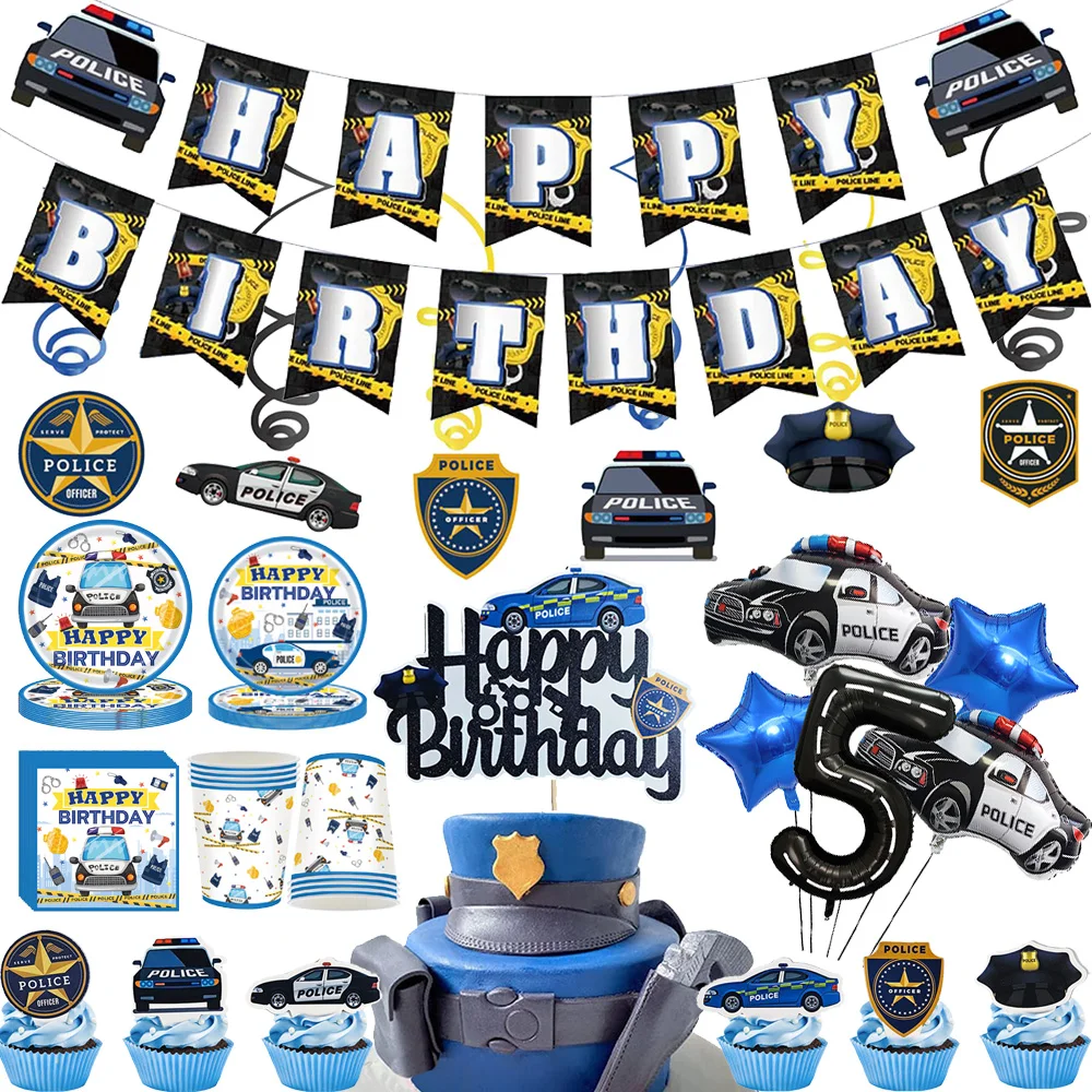 Polizei-Partyzubehör, Dekorationen, Banner, Kuchendekoration, Polizist und Auto-Thema, 5. Geburtstag, Ballon-Set, Kinder-Partyzubehör