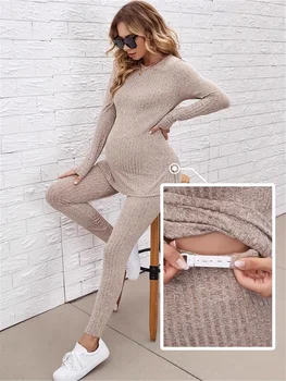 Women's Maternity Solid 2Pcs Set European And American Maternity Wear Adjustable Elastic Waist Pants Maternity Clothes