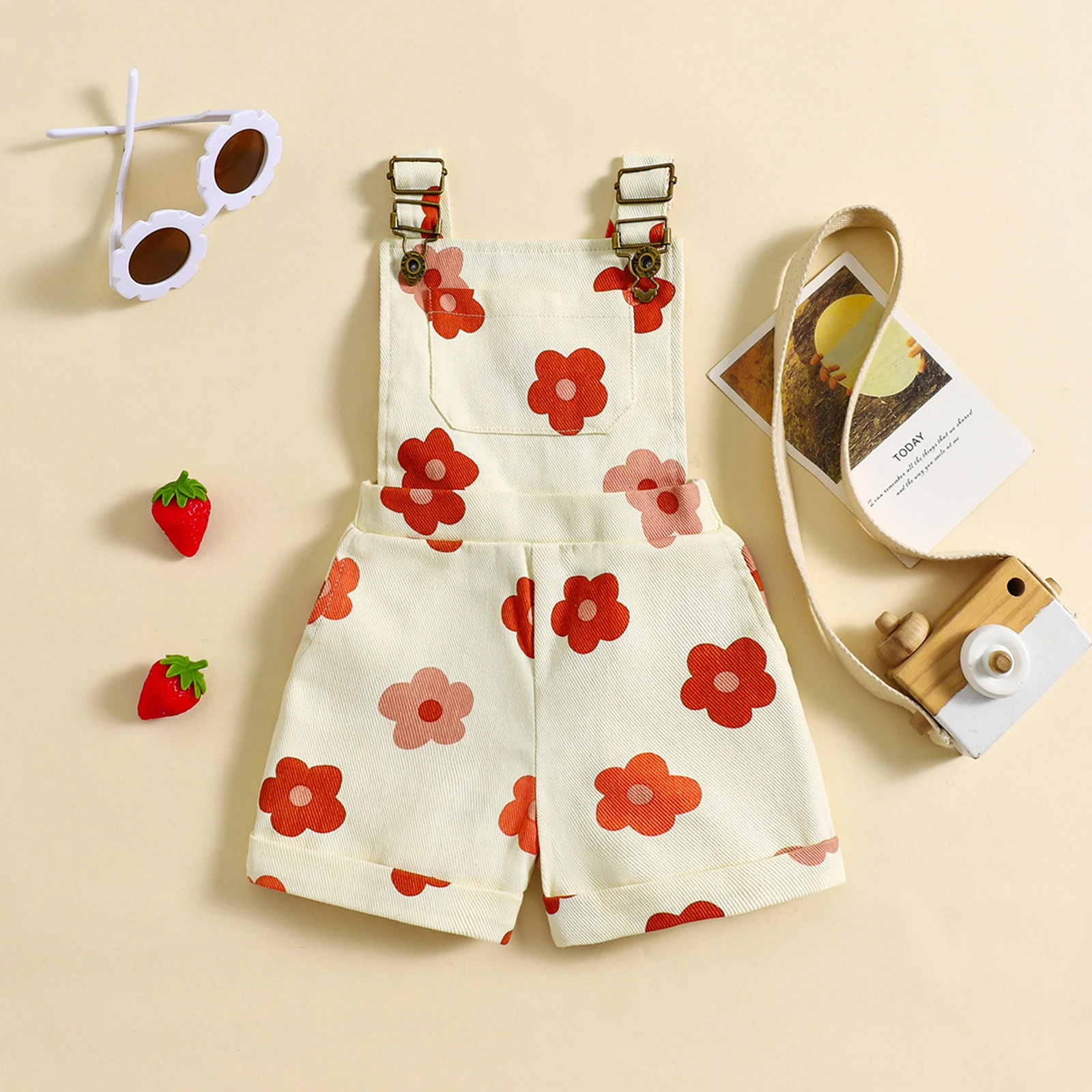 Children Overalls Pants Kids Outfits 0-6Y Little Girls Denim Overalls Shorts Sleeveless Flower/Strawberry Print Strap Jeans Suspender Outfit