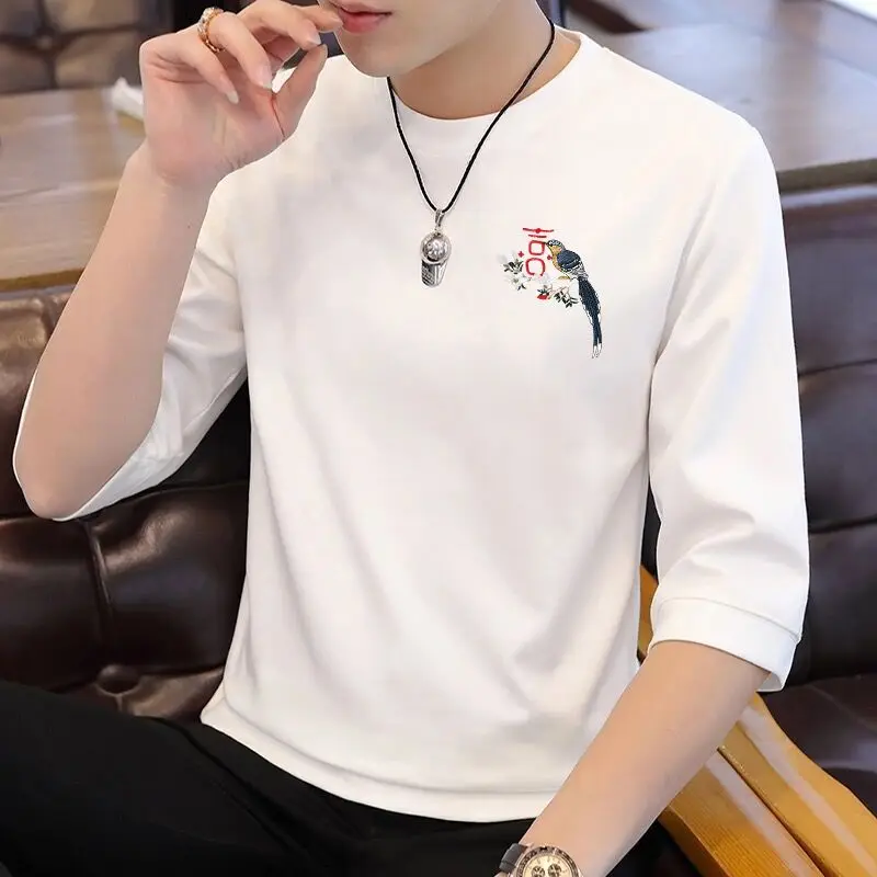 

Loose Spring Summer Thin Round Neck Simplicity T-Shirts Casual Handsome Three Quarter Sleeve Solid Color Printing Men's Clothing