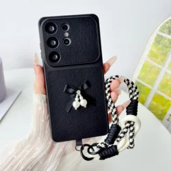 Elegant Pearl Bow Knot Wrist Lanyard Phone Case Cover - Galaxy A27 (Black)