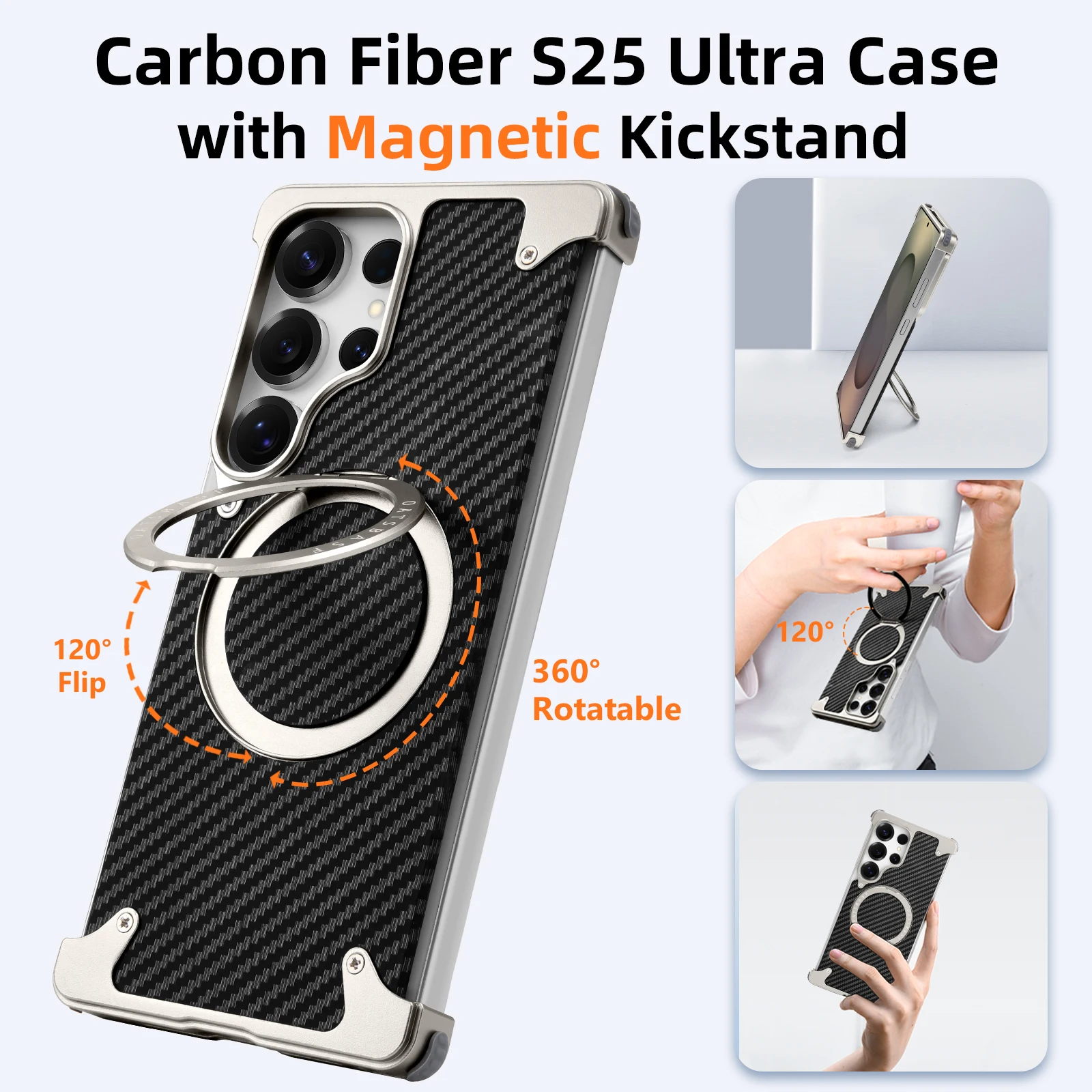 Eary for Samsung Galaxy S25 Ultra Phone Case With 360 Rotate Magnetic Stand Carbon Fiber Cover MagSafe Military-Grade Drop Shell