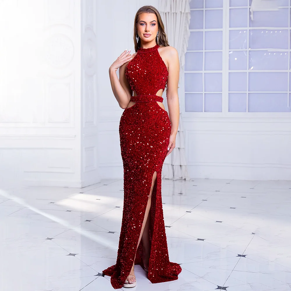 

Elegant New O-Neck Off Shoulder Evening Prom Gown Red Sexy Sequin Hollow Out Long Dress Split 2024 New