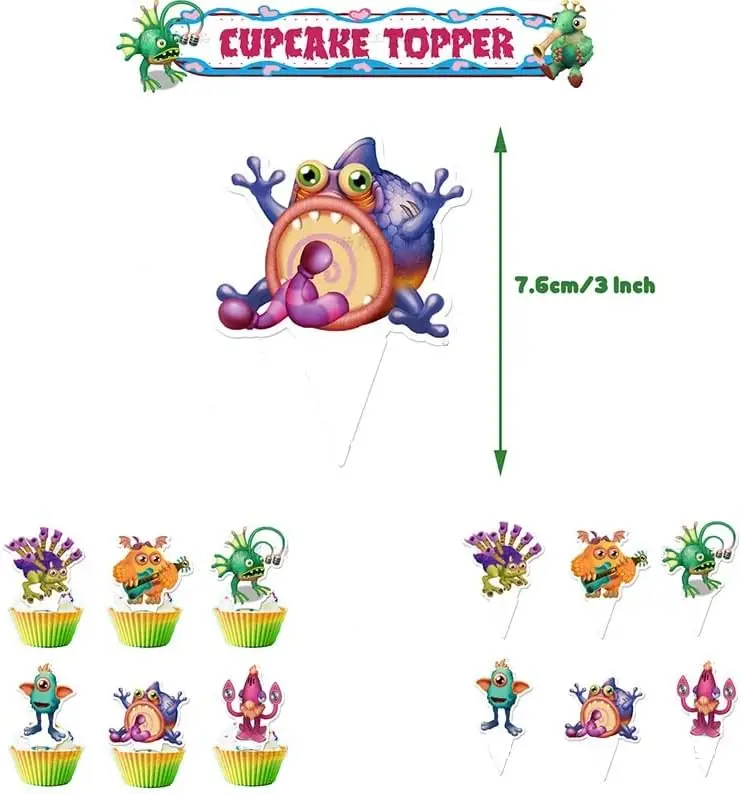 Description Picture 4 of itemMy Singing Monster Party Supplies Set, Favors Balloons, Cake Topper, Banner, Swirl Decoration, Birthday Party Decoration