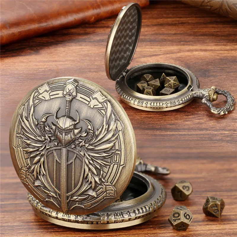 Bronze geschnitztes Paladin-Taschenuhrengehäuse, Fob-Kette, 7-teiliges polyedrisches Würfelset aus Metall für Unterhaltung, Rollenspiele, Gaming-Würfel – Detail 4
