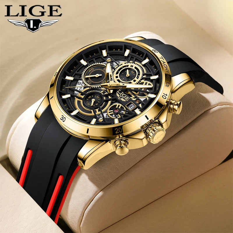 LIGE New Military Watches for Men Luxury Sport Chronograph  WristWatch ​Waterproof Quartz Big Clock Creative  Male Watch  Silico