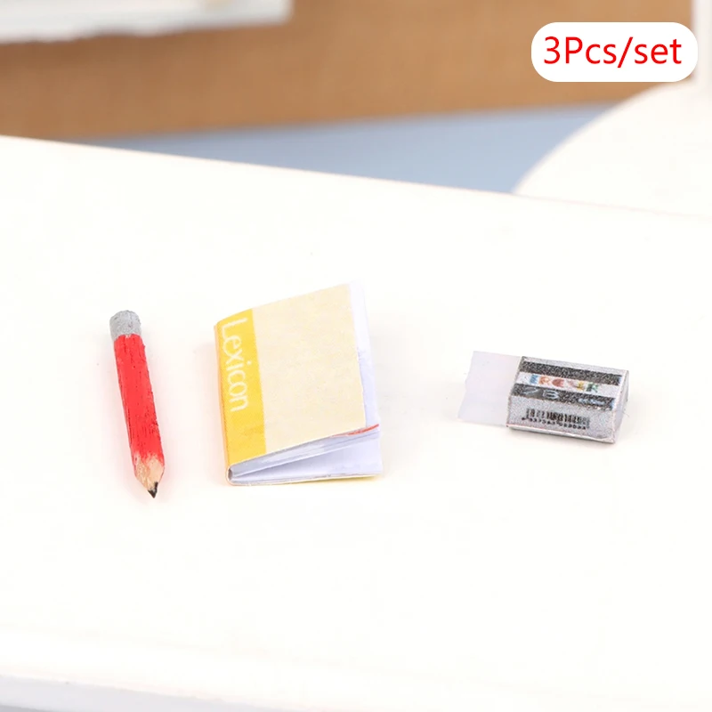 1Set 1:12 Dollhouse Miniature Notebook Pencil Eraser Model For Doll House Decor Accessories Kids Pretend Play Toys 2