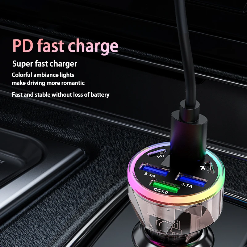 4USB car charger 6-port PD car power adapter Colorful atmosphere light surround voltage digital display for 12-24V models