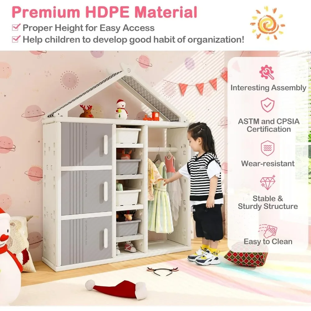 Kids Costume Storage Closet, Children Pretend Dresser Wardrobe, Open Hanging Armoire Closet with Storage Bins, Shelves